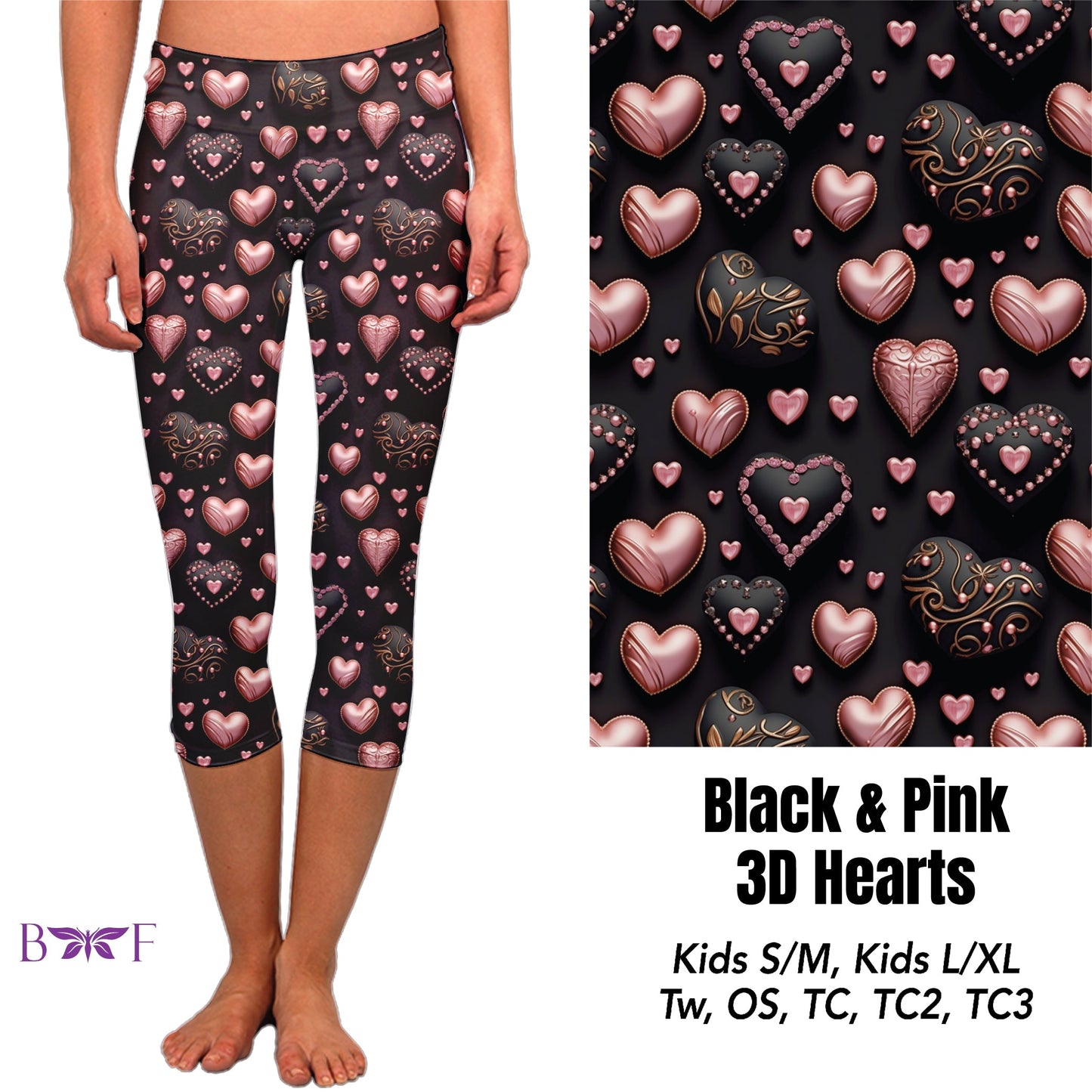 Black & Pink 3D hearts leggings with pockets