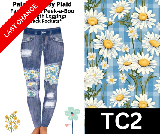Painted Daisy Faux Denim Full Length Peekaboo Leggings