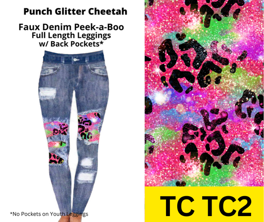Punch Glitter Cheetah Faux Denim Full Length Peekaboo Leggings