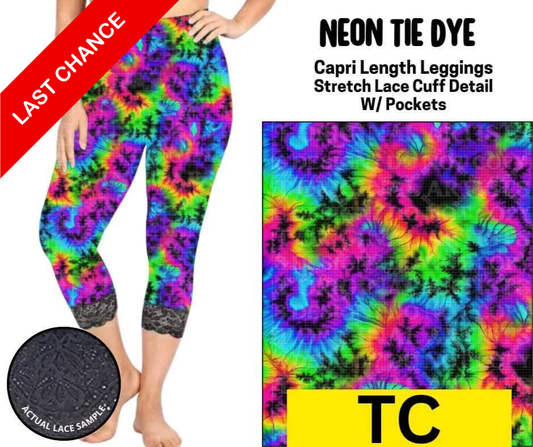 Neon Tie Dye Lace Cuff Capris w/ Pockets
