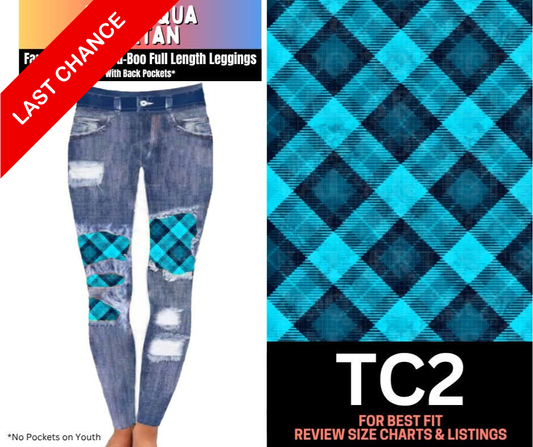 Deep Aqua Tartan Faux Denim Full Length Peekaboo Leggings