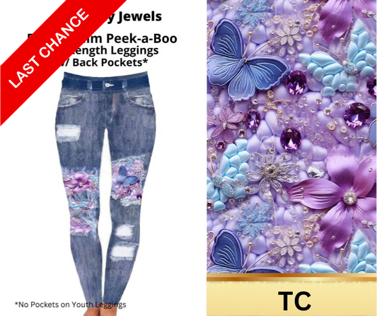 Butterfly Jewels Faux Denim Full Length Peekaboo Leggings