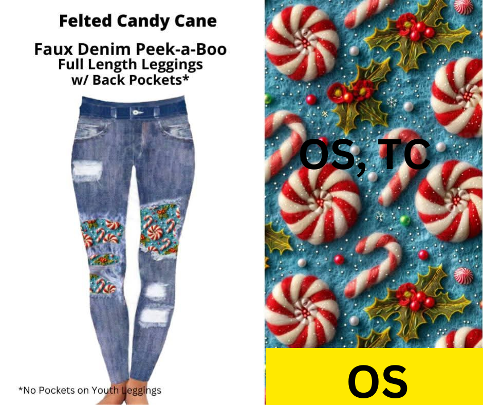 Felted Candy Cane Faux Denim Full Length Peekaboo Leggings