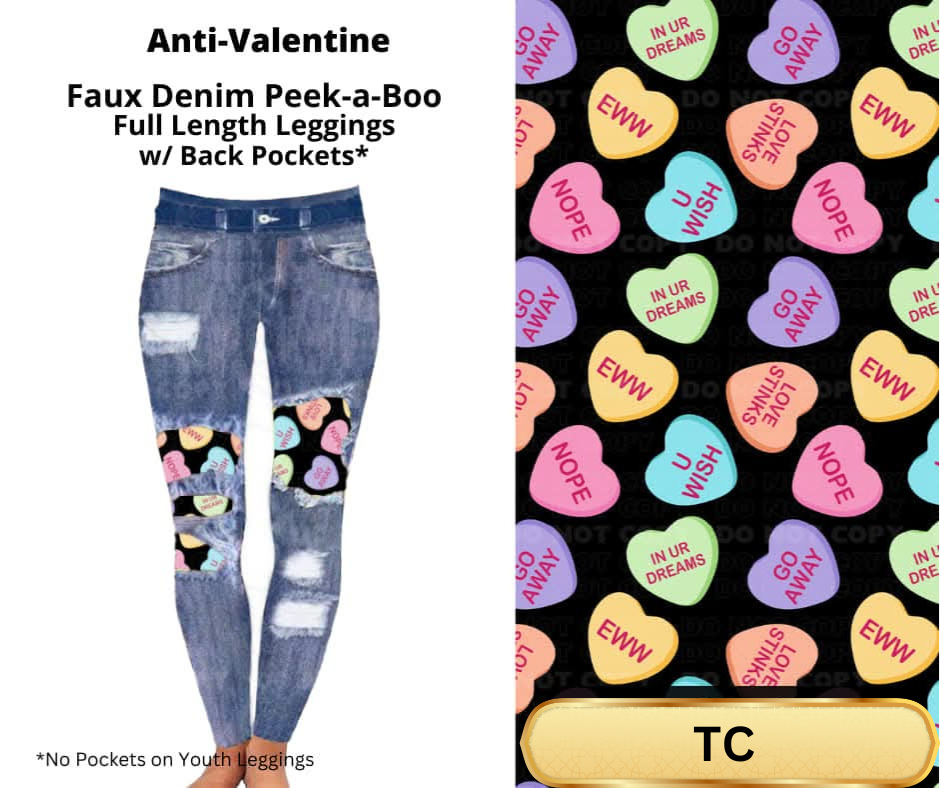 Anti-Valentine Faux Denim Full Length Peekaboo Leggings