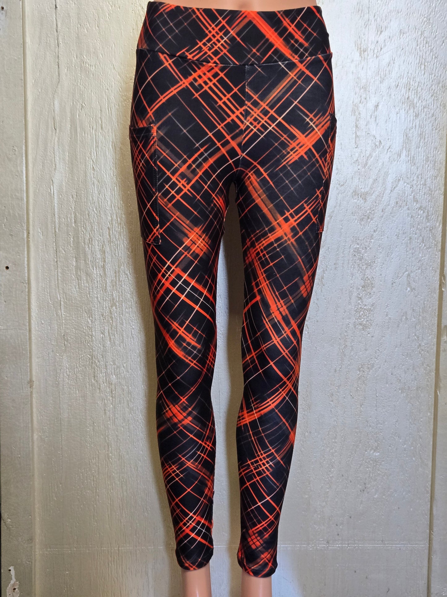 Black and Orange plaid leggings with pockets
