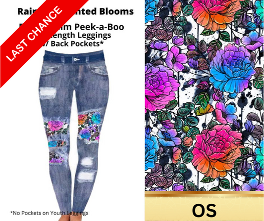 Rainbow Painted Blooms Faux Denim Full Length Peekaboo Leggings