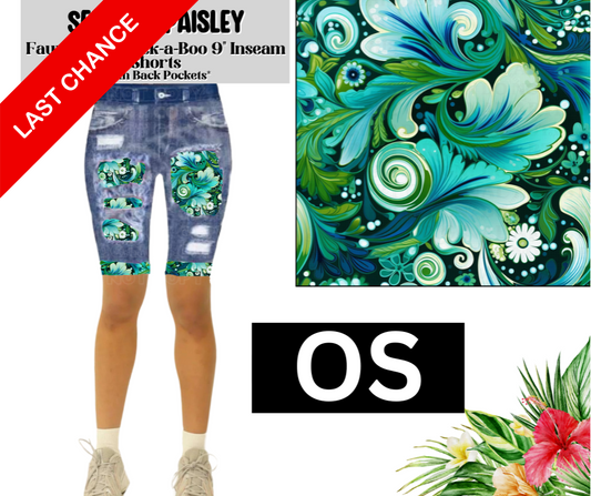Sea Mist Paisley Faux Denim Peekaboo Jamaica Shorts