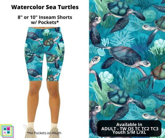 Watercolor Sea Turtles Shorts w/ Pockets