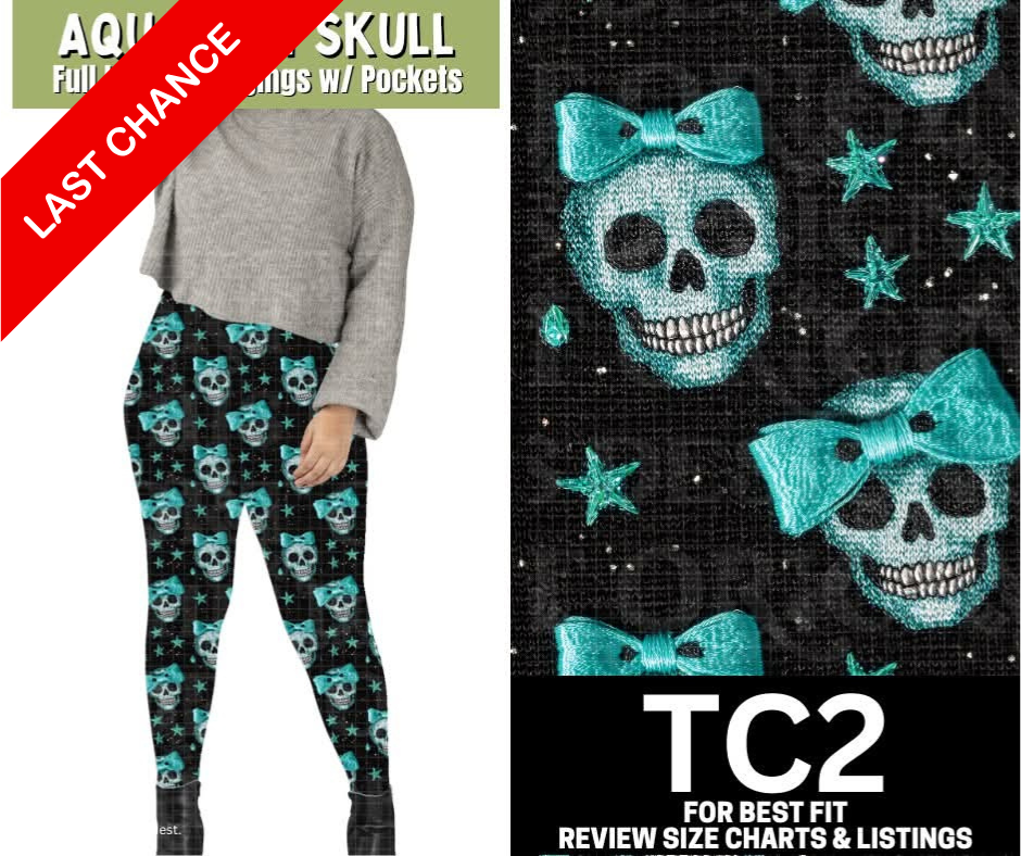 Aqua Knit Skull Full Length Leggings w/ Pockets