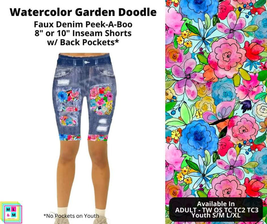 Watercolor Garden Doodle Faux Denim Shorts w/ Back Pockets