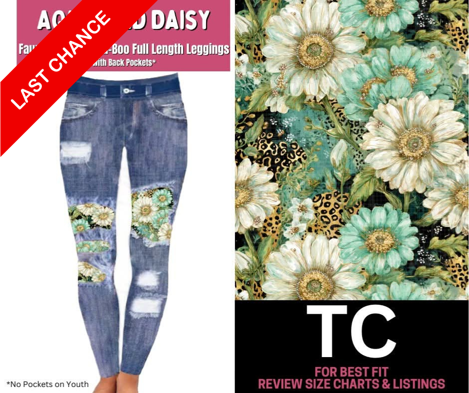 Aqua Wild Daisy Faux Denim Full Length Peekaboo Leggings