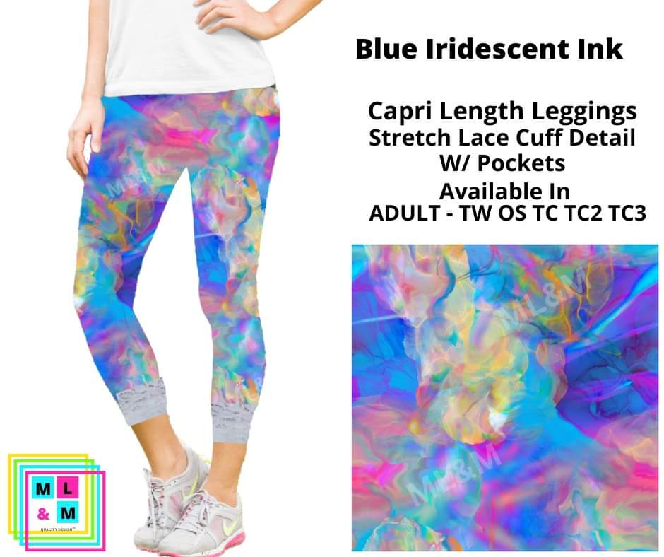 Blue Iridescent Ink Lace Cuff Capris w/ Pockets