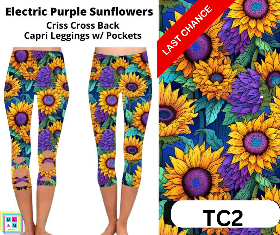 Electric Purple Sunflowers Criss Cross Capri w/ Pockets