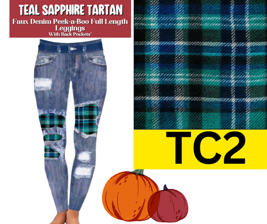 Teal Sapphire Tartan Faux Denim Full Length Peekaboo Leggings