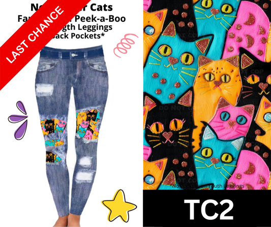 Neon Fiber Cats Faux Denim Full Length Peekaboo Leggings