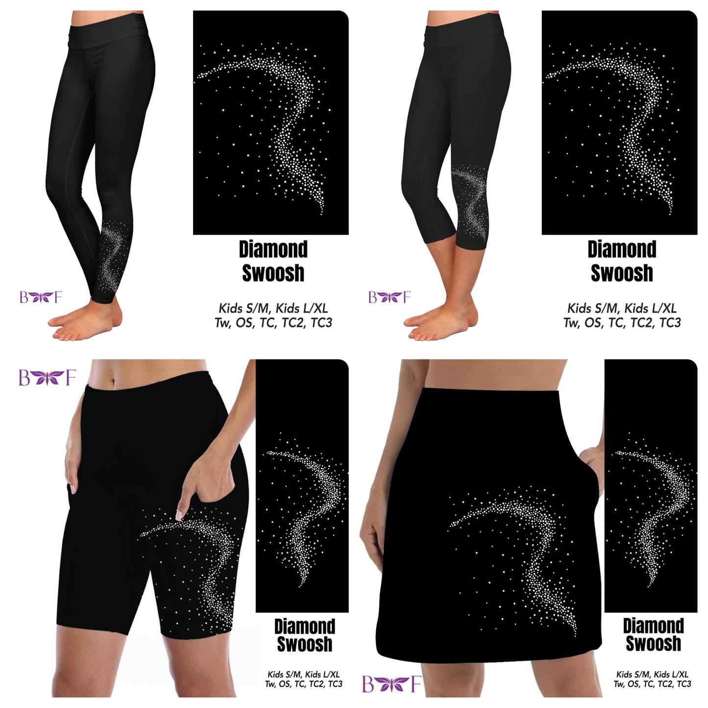 Gemstone Diamond Swoosh on Solid Black capris and leggings with pockets