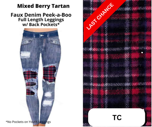 Mixed Berry Tartan Faux Denim Full Length Peekaboo Leggings