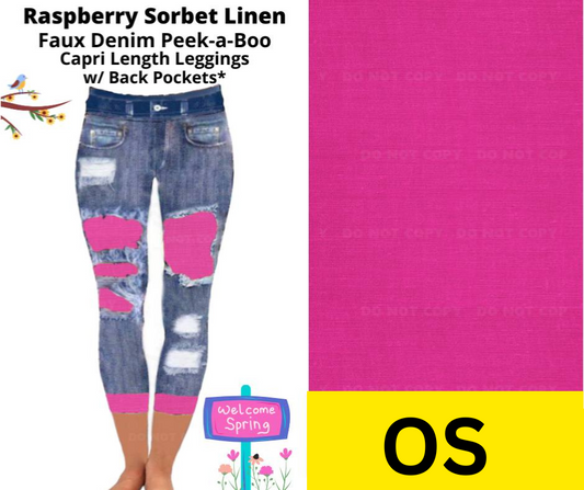 Raspberry Sorbet Linen Capri Faux Denim Peekaboo