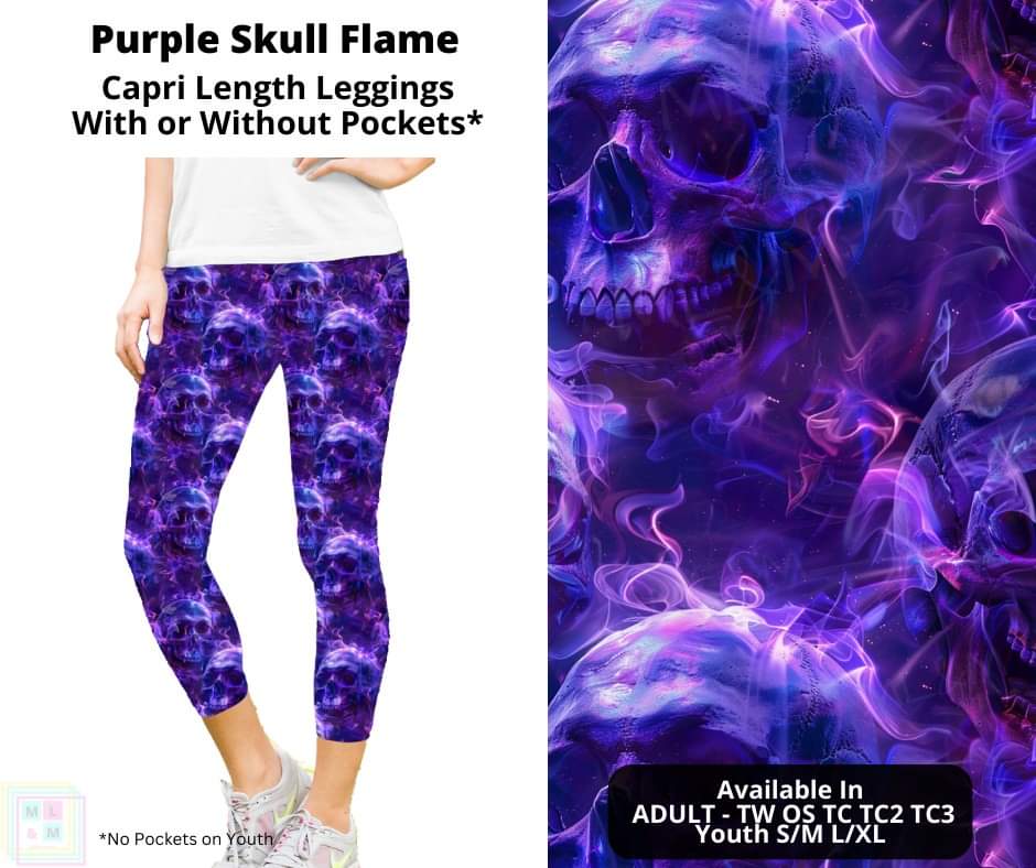 Purple Skull Flame Capri Length Leggings w/ Pockets