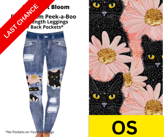 Black Cat Bloom Faux Denim Full Length Peekaboo Leggings