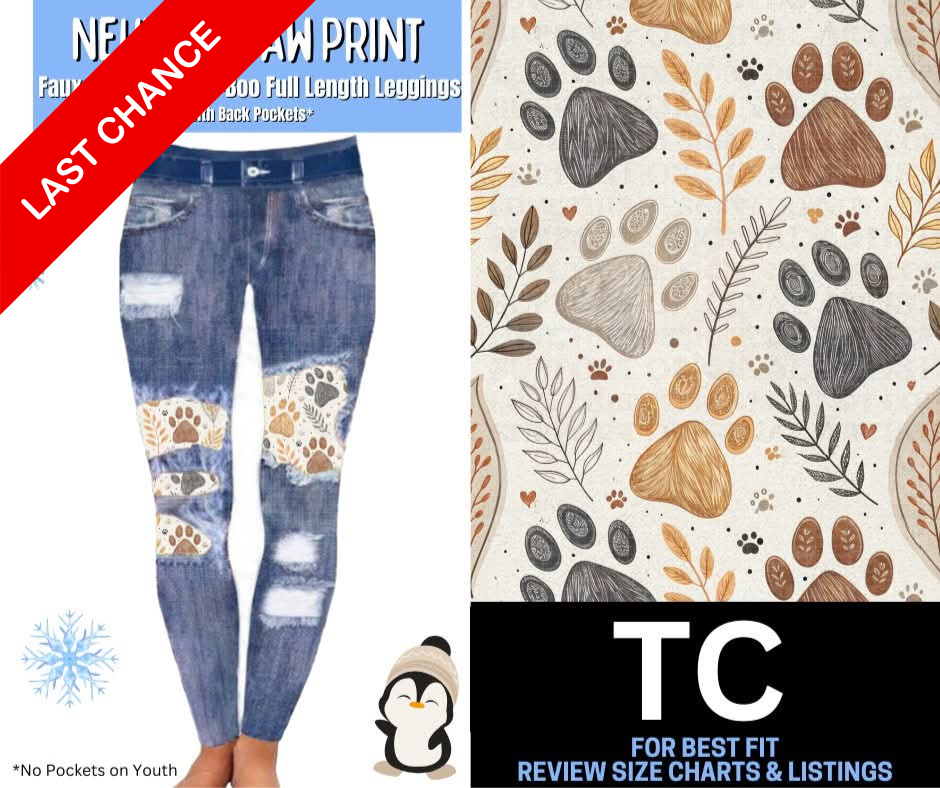 Neutral Paw Print Faux Denim Full Length Peekaboo Leggings