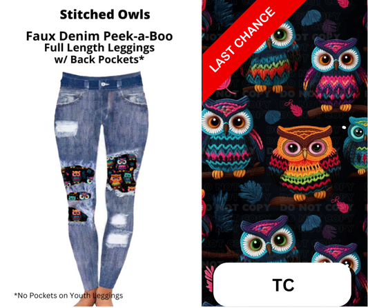 Stitched Owls Faux Denim Full Length Peekaboo Leggings