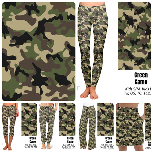 Green Camo leggings, capris, shorts, and skorts with pockets