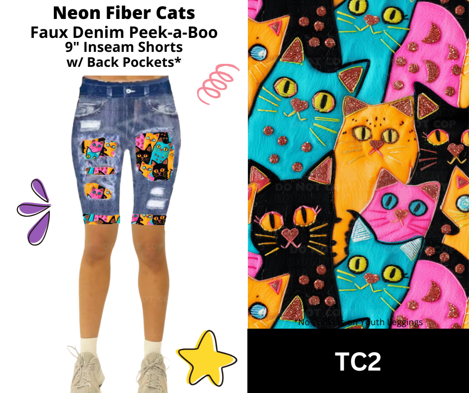 Neon Fiber Cats Faux Denim Jamaica Shorts