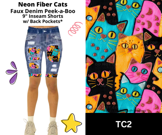 Neon Fiber Cats Faux Denim Jamaica Shorts