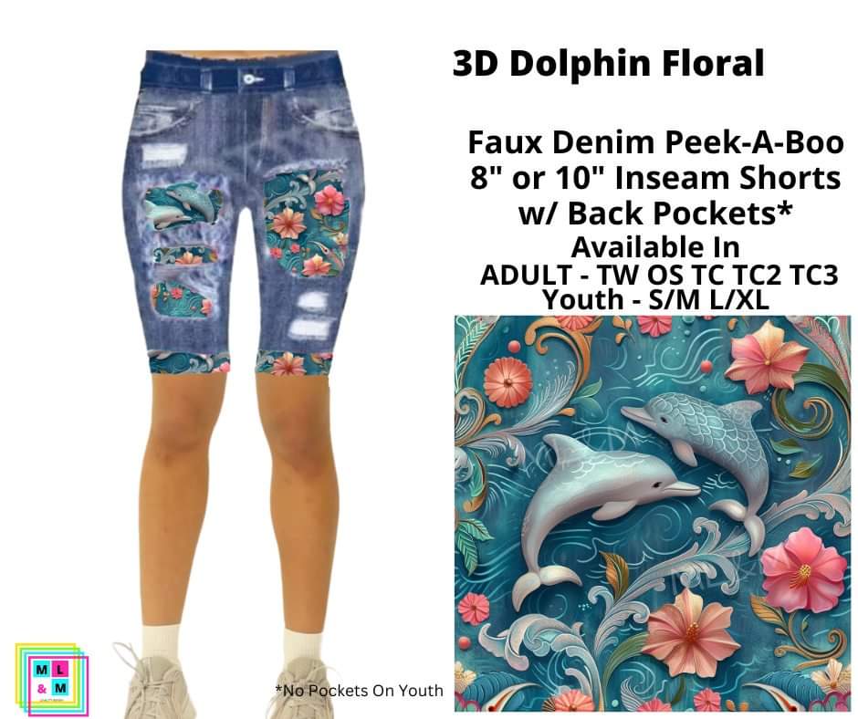 3D Dolphin Floral Faux Denim Shorts w/ Back Pockets