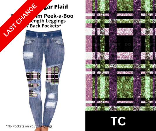 Plum Sugar Plaid Faux Denim Full Length Peekaboo Leggings