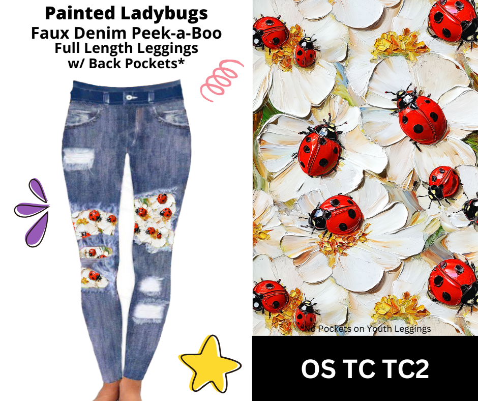Painted Ladybugs Faux Denim Full Length Peekaboo Leggings