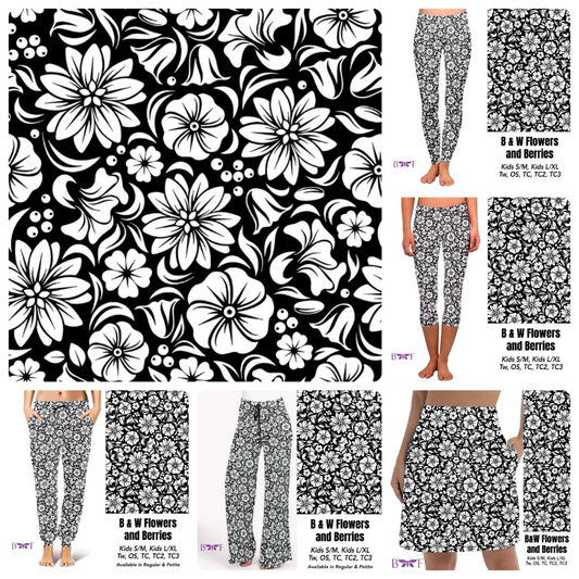 Black & White Flowers and Berries capris with pockets