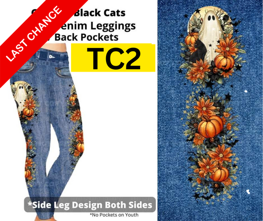 Ghost & Black Cats Full Length Faux Denim w/ Side Leg Designs