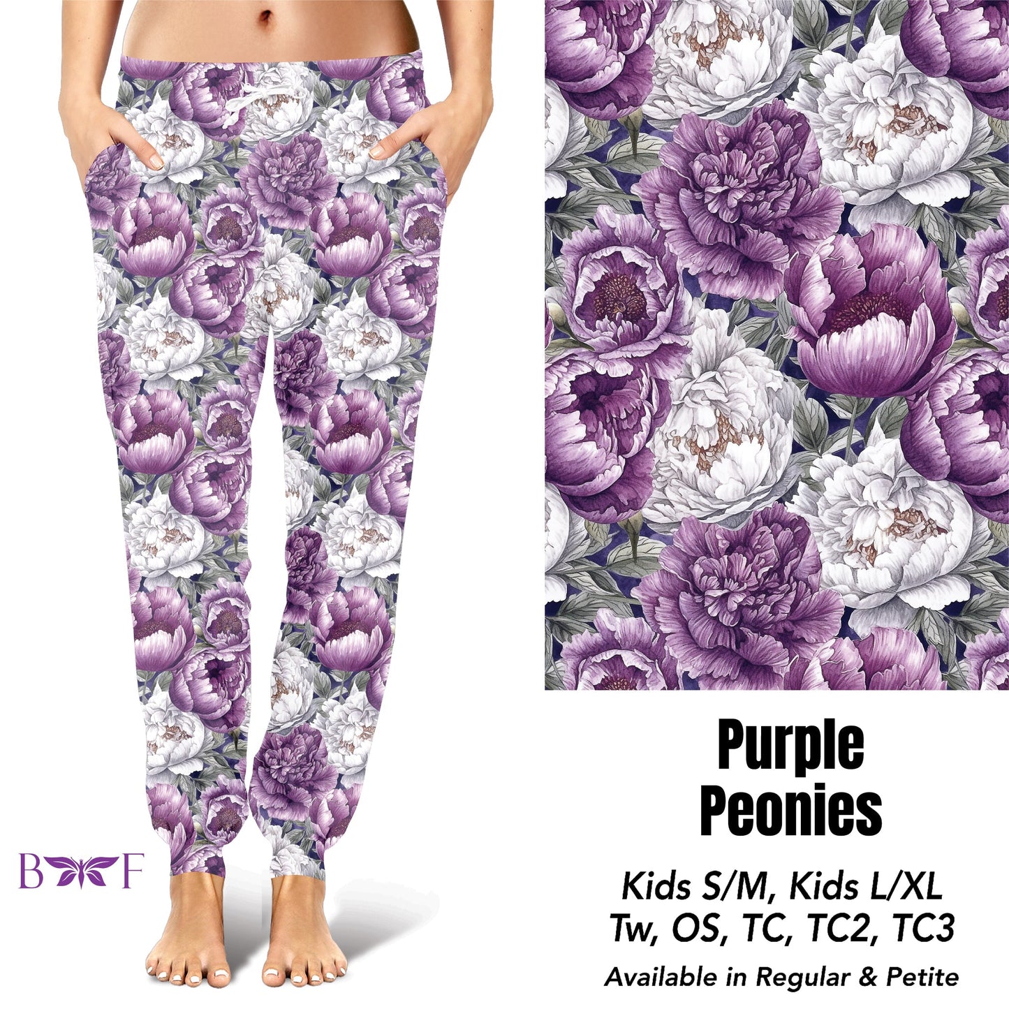 Purple Peonies capris, leggings and skorts with pockets