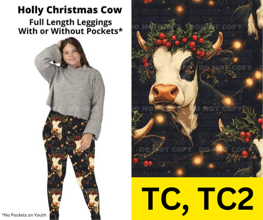 Holly Christmas Cow Full Length Leggings w/ Pockets