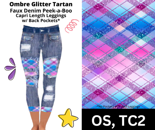 Ombre Glitter Tartan Capri Faux Denim Peekaboo