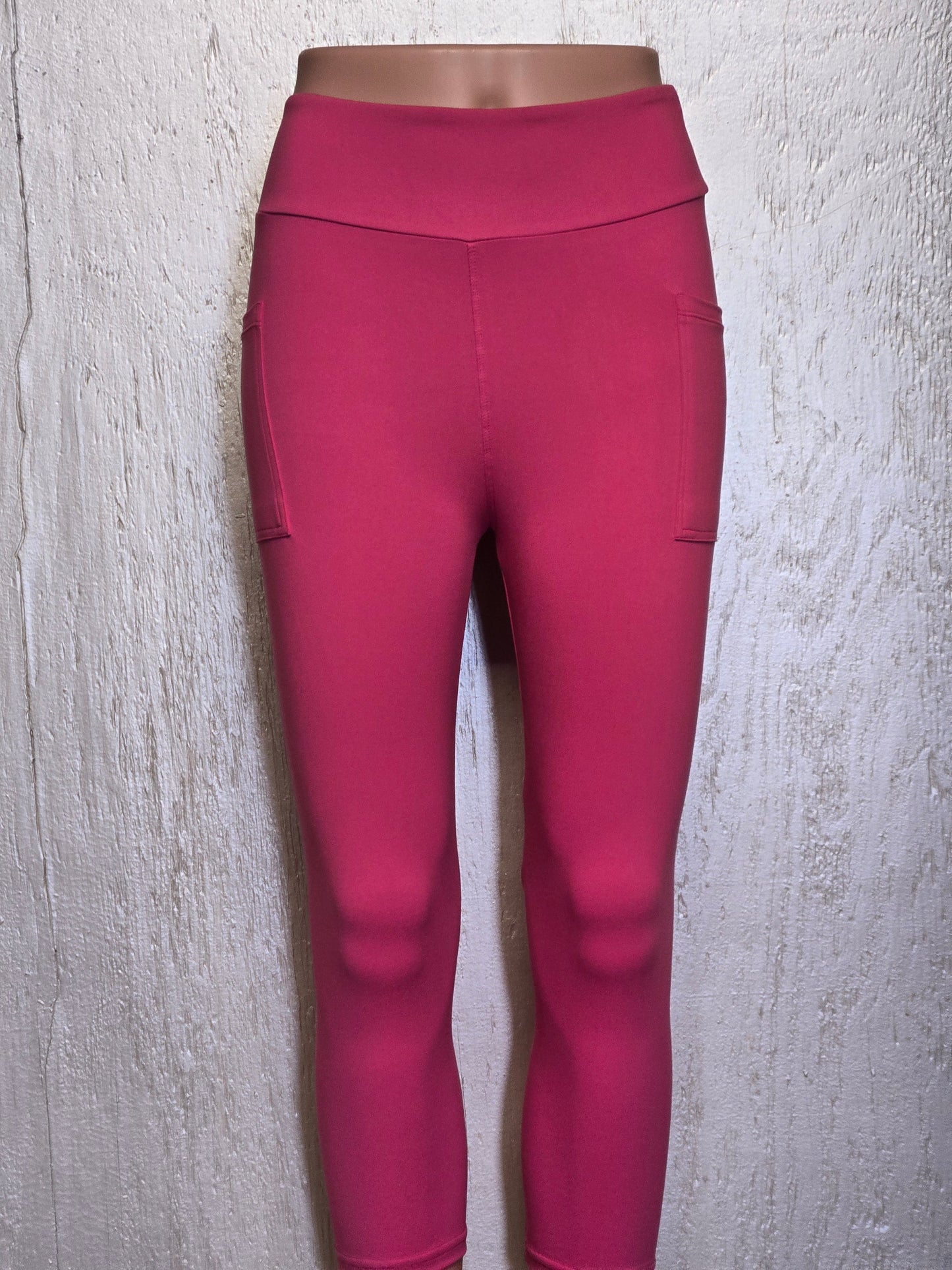 Rose Pink leggings, capris and biker shorts with pockets.