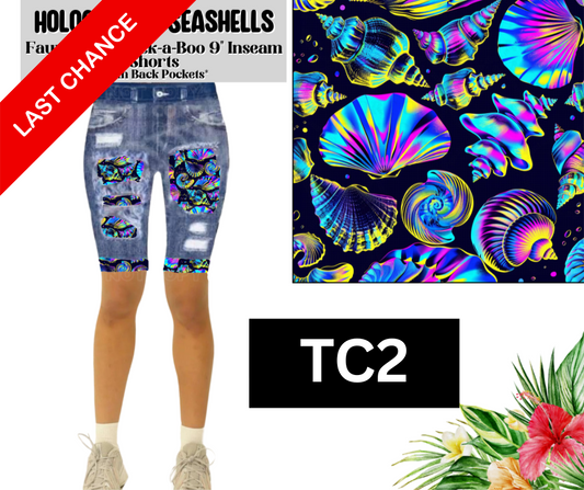 Holographic Seashells Faux Denim Peekaboo Jamaica Shorts