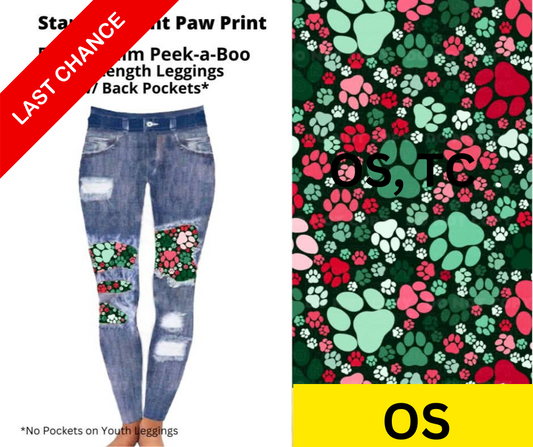 Starlight Mint Paw Print Faux Denim Full Length Peekaboo Leggings