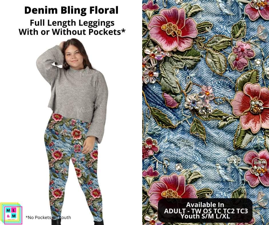 Denim Bling Floral Full Length Leggings w/ Pockets