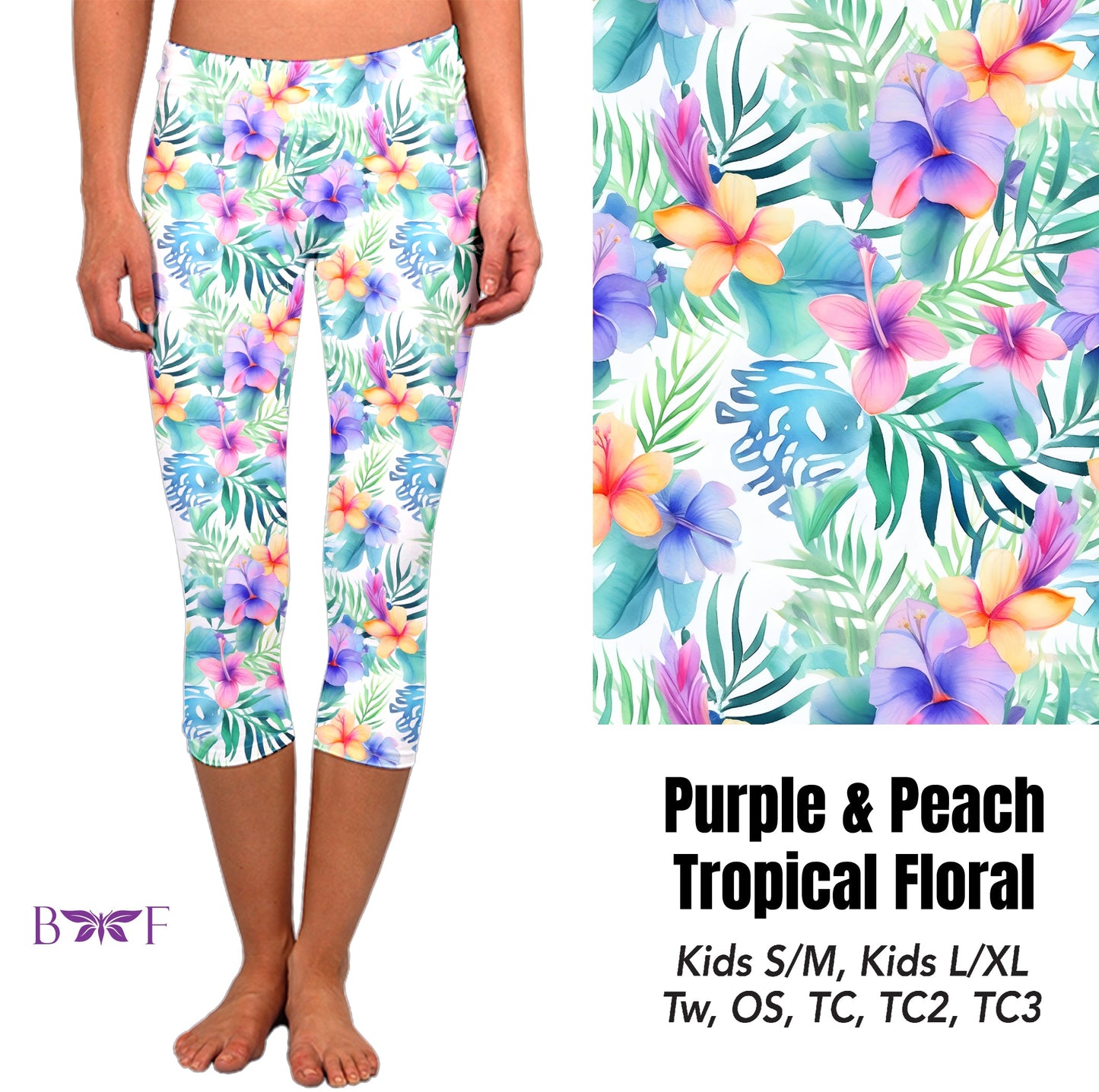Purple & Peach Tropical Floral capris and biker shorts with pockets