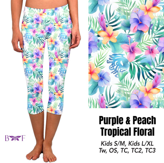 Purple & Peach Tropical Floral capris and biker shorts with pockets