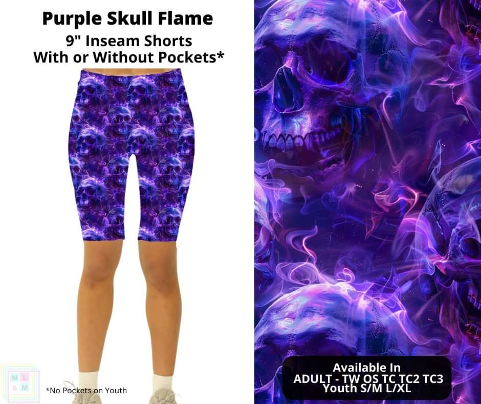 Purple Skull Flame 9" Shorts w/ Pockets