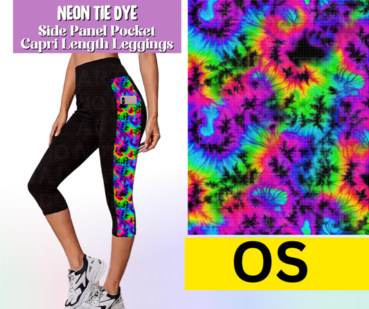 Neon Tie Dye Side Panel Pocket Capri Length Leggings