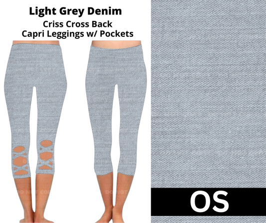 Light Grey Denim Criss Cross Capri w/ Pockets