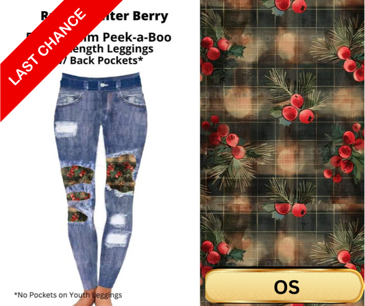 Rustic Winter Berry Faux Denim Full Length Peekaboo Leggings