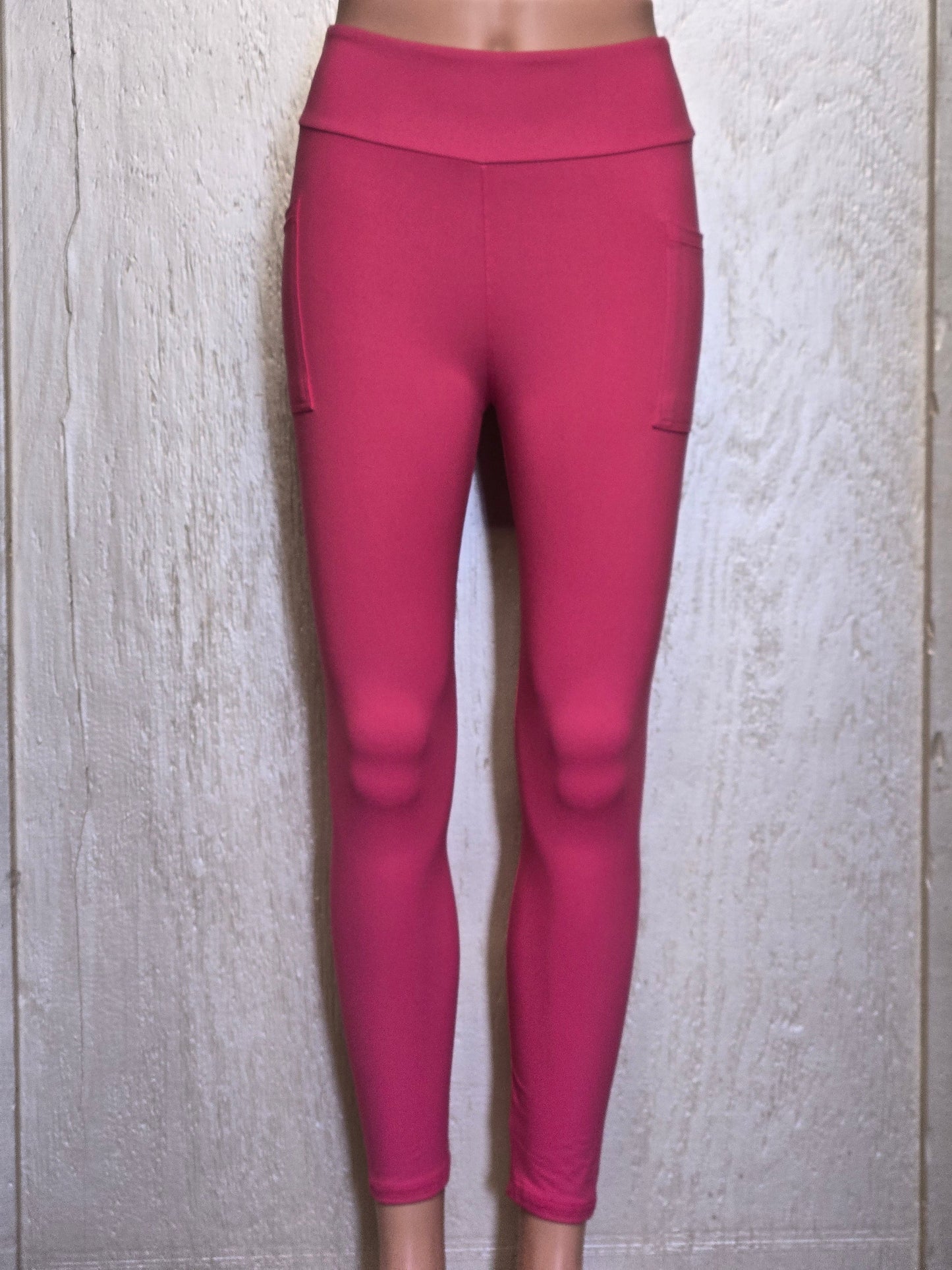 Rose Pink leggings, capris and biker shorts with pockets.