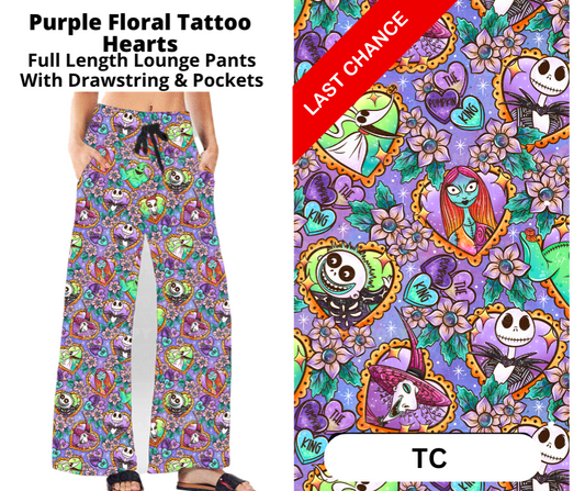 Purple Floral Tattoo Hearts Full Length Lounge Pants