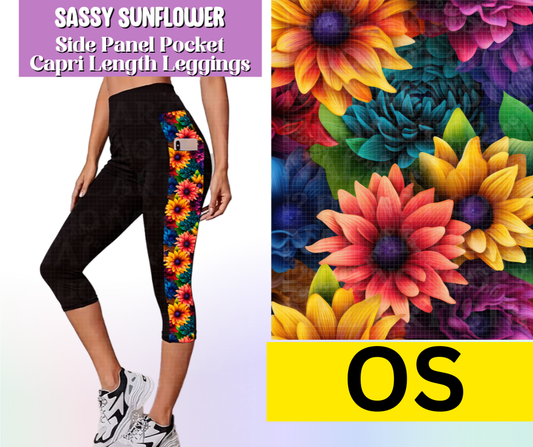 Sassy Sunflower Side Panel Pocket Capri Length Leggings